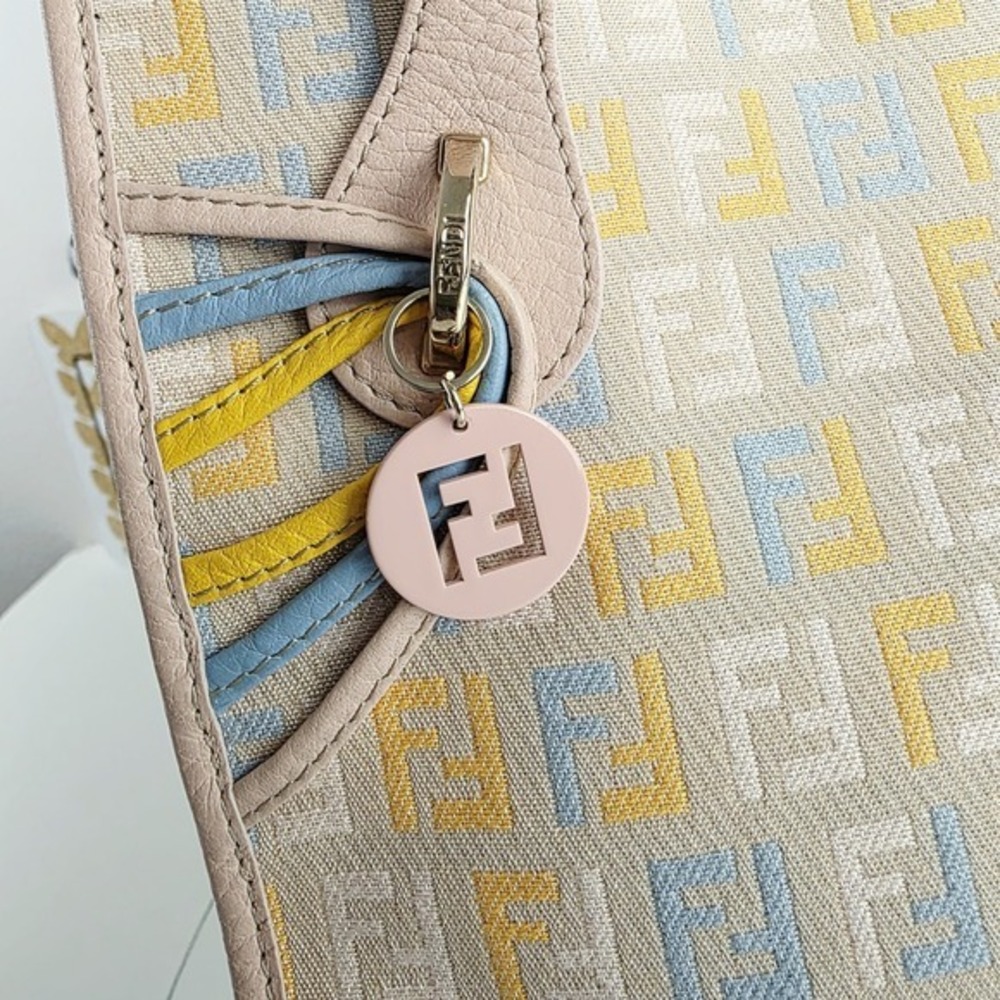 FENDI Zucchino Canvas Small  Shopping Handbag Tote Beige Blue Yellow Dustbg Rare - Picture 8 of 17